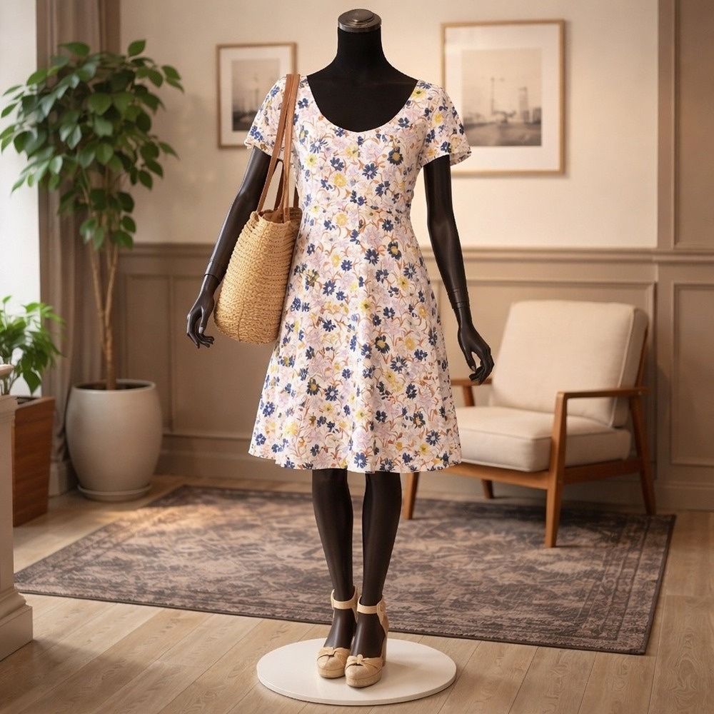 Madewell Floral Button-Front Mini Dress Short Sleeve Cream Cottagecore Size 0
